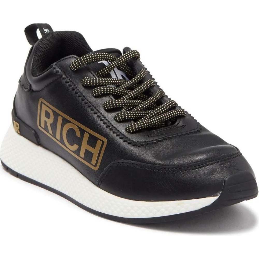 $495 - JOHN RICHMOND Black/Gold Leather Logo Sneaker